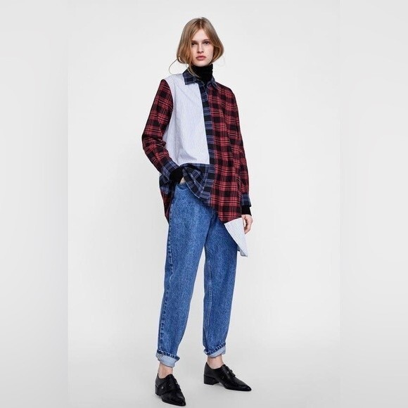 Zara Patchwork Multicolor Plaid Asymetrical Hem Button Down Shirt 2XL - Picture 6 of 6